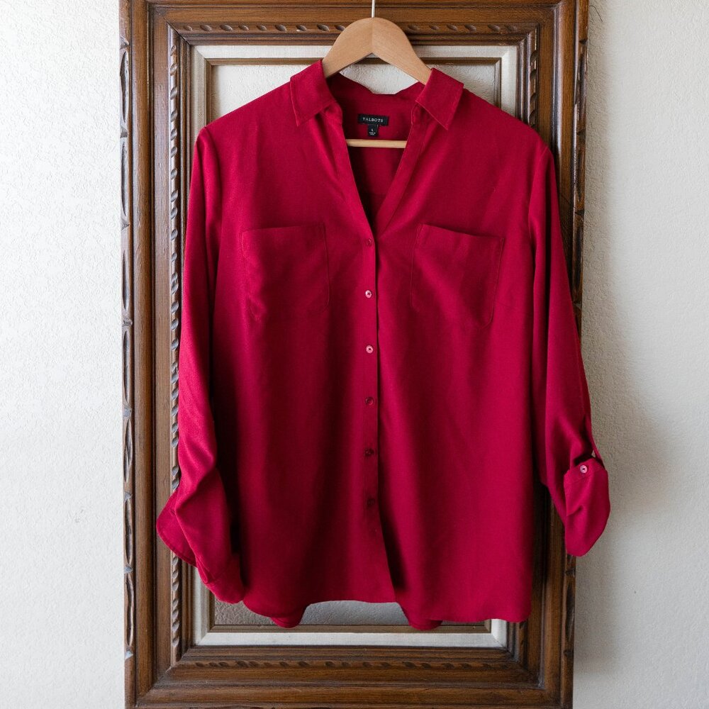 Talbots Red Button-Up Blouse Size Large Roll Tab Sleeves, Classic Collared Shirt